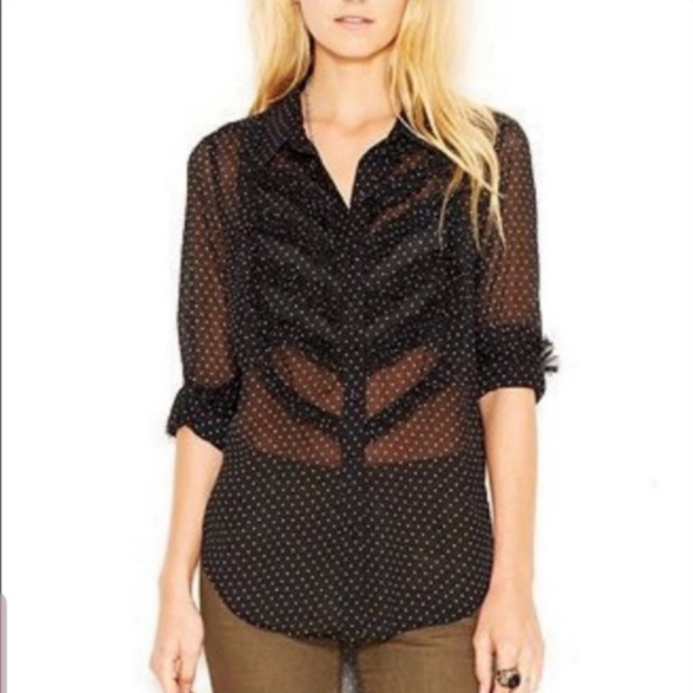 Free People Black Polka Dot Sheer Fray Tux Top Med